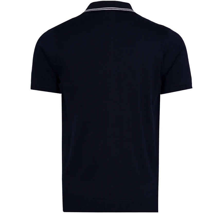 Navy Gabicci Geller short sleeve full zip knit polo shirt by Clique, featuring a collar and zip closure, displayed on a plain background.
