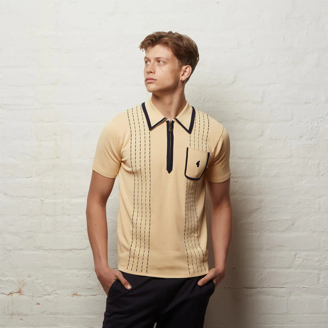 Clique Gabicci Vintage Darron archive short sleeve polo shirt in lemon viscose knit with a classic fit and textured design.
