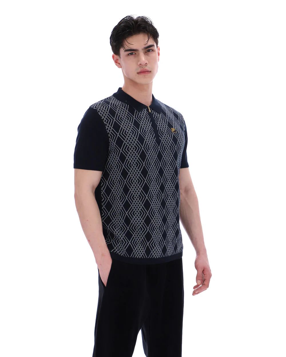 FILA Castello Jacquard knitted polo shirt by Clique in black and white with zip detail, featuring intricate jacquard pattern.