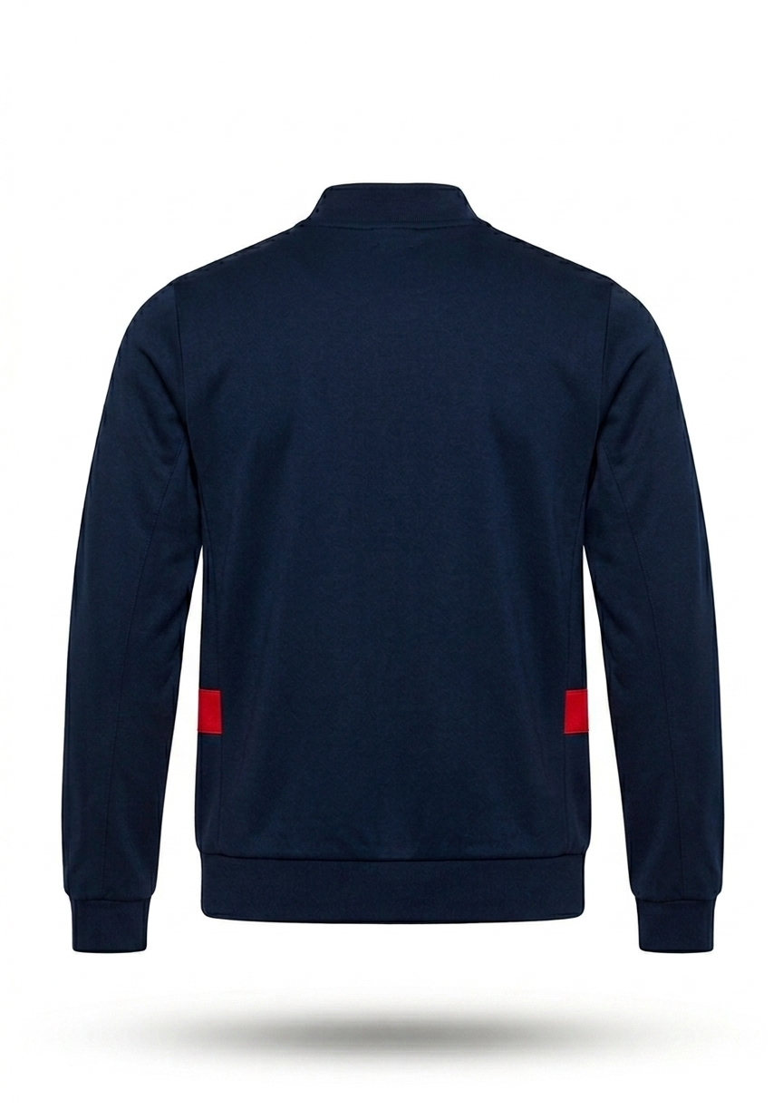Clique Sergio Tacchini New Reno track top in maritime blue, adrenaline rush, and white, shown in a sporty, stylish design.