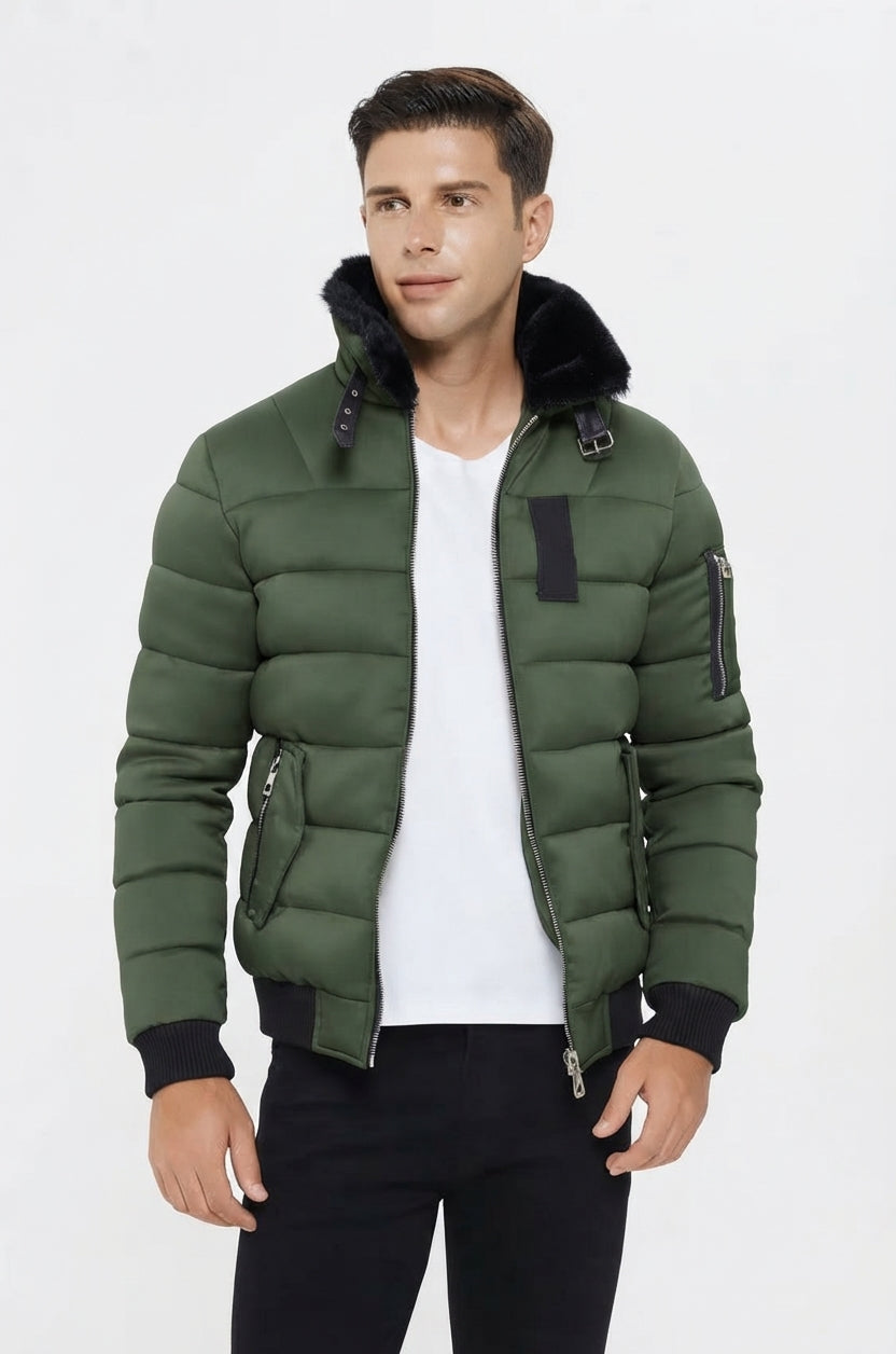 KYMAXX Fur Collar Down Jacket | Moss Green- 271-58