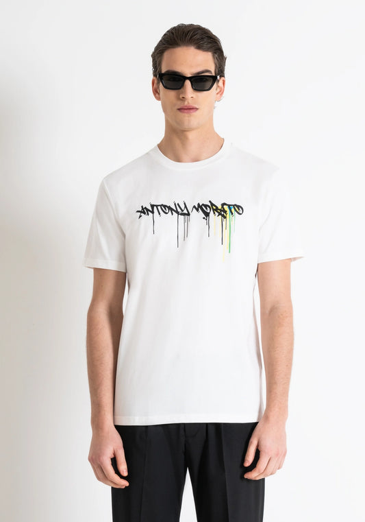 Antony Morato Slim Fit Cotton T-shirt | Cream - Matt Plastic Logo PRINT - MMKS02407 - 1011
