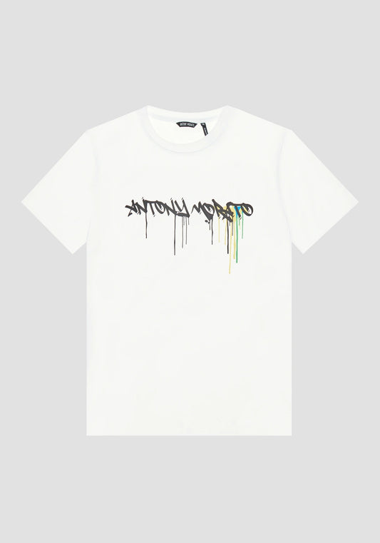 Antony Morato Slim Fit Cotton T-shirt | Cream - Matt Plastic Logo PRINT - MMKS02407 - 1011