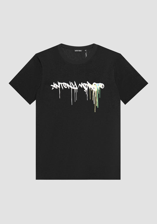 Antony Morato Slim Fit Cotton T-shirt | Black - Matt Plastic Logo PRINT - MMKS02407 - 9000