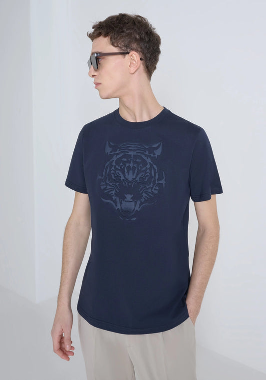 Antony Morato - HO CHI MINH - REGULAR FIT 100% COTTON JERSEY T-SHIRT WITH EMBOSSED TIGER PRINT/ Marine - MMKS02501-FA100240-7139