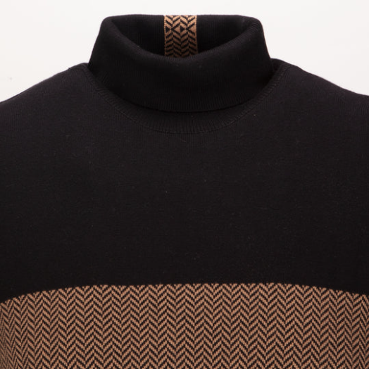 GUIDE London Long Sleeve Herringbone Roll Neck Jumper | Black/Camel - KW2830