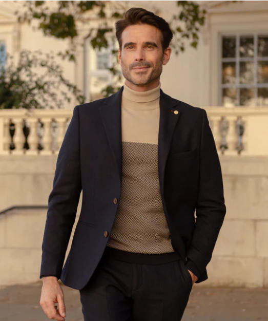 GUIDE London Long Sleeve Herringbone Roll Neck Jumper | Black/Camel - KW2830