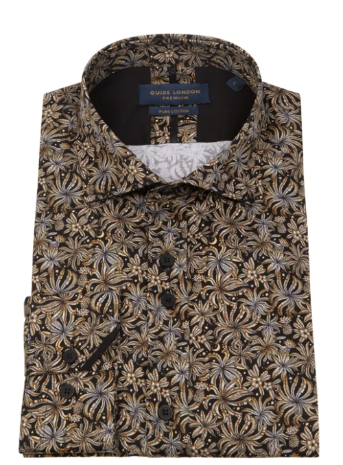 GUIDE London Long Sleeve Floral Cotton Shirt | Black/Tan - LS76778 43158