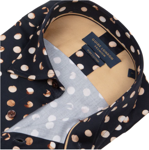 GUIDE London Modern Polka Dot Long Sleeve Shirt | Navy/Tan - LS76751 43156