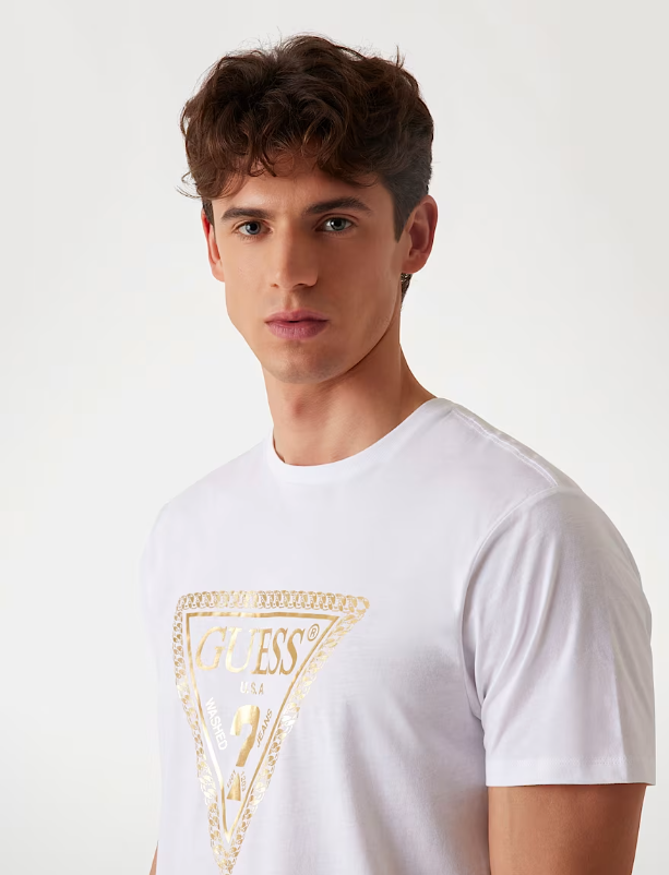 GUESS Front Gold Triangle Embossed Men T-Shirt / White - M5R149K9RM1 - G011