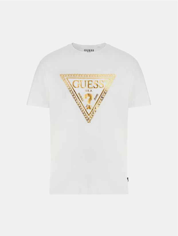GUESS Front Gold Triangle Embossed Men T-Shirt / White - M5R149K9RM1 - G011