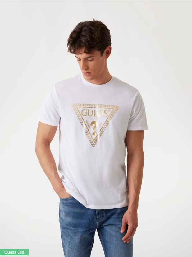 GUESS Front Gold Triangle Embossed Men T-Shirt / White - M5R149K9RM1 - G011