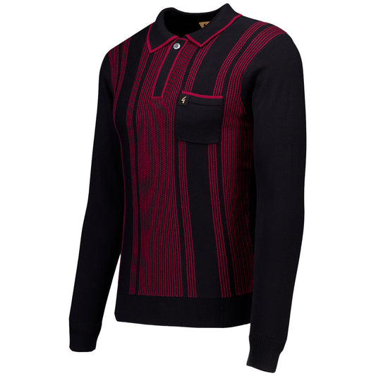 Gabicci Dante - Vintage Texture Stripe Knit Polo Long Sleeve | Black - V55GN04