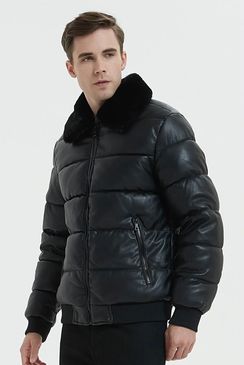 KYMAXX Quilted PU Puffer Bomber Jacket - Black (Style 5151-1)