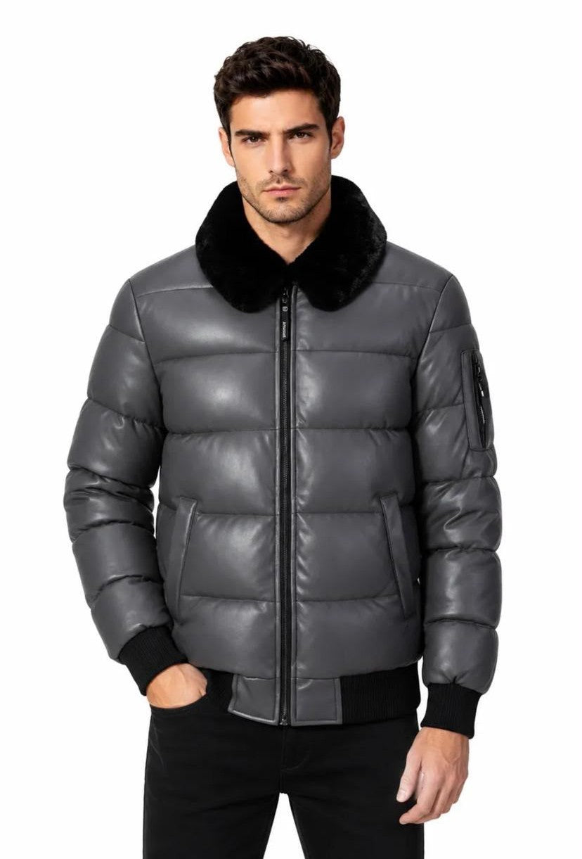 KYMAXX Quilted PU Puffer Bomber Jacket - Dark Grey (Style 5429-25)