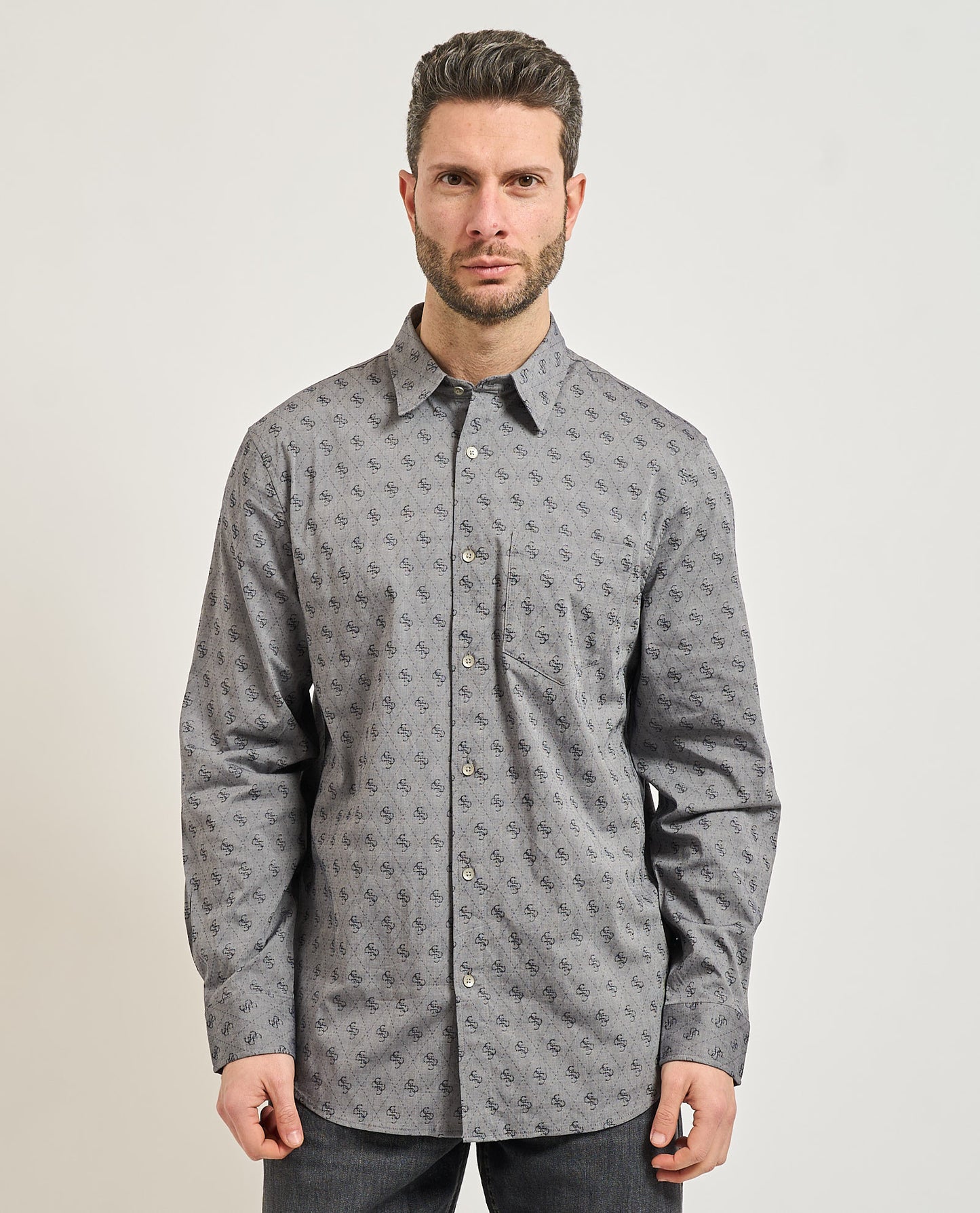 Guess men's Cotton Shirt with all-over logo | Grey - M6GH18 W113 FBDB