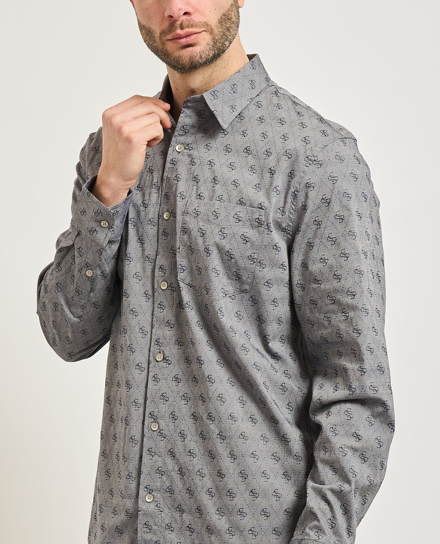Guess men's Cotton Shirt with all-over logo | Grey - M6GH18 W113 FBDB