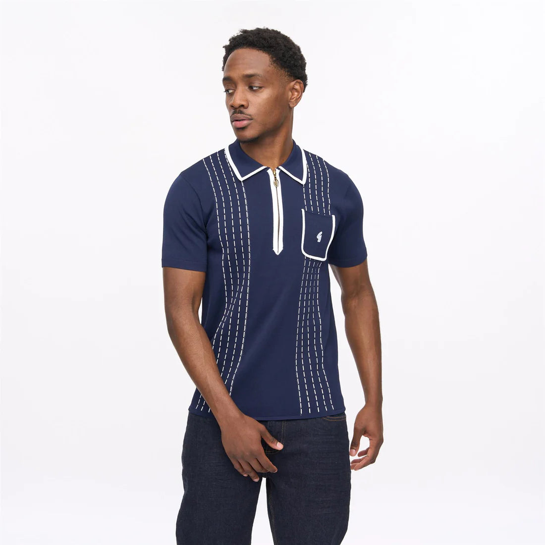 Clique Gabicci Vintage men's navy Darron archive short sleeve viscose knit polo shirt showing collar and textured fabric.