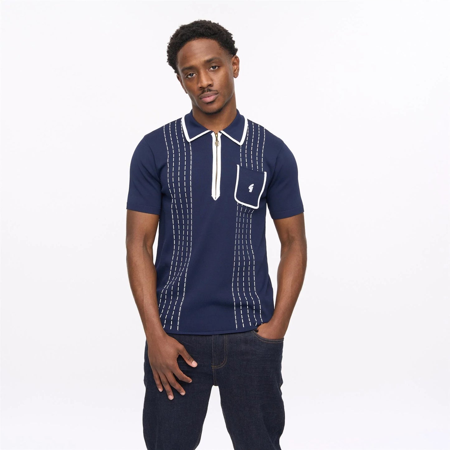 Clique Gabicci Vintage men's navy Darron archive short sleeve viscose knit polo shirt, close-up of fabric and collar details