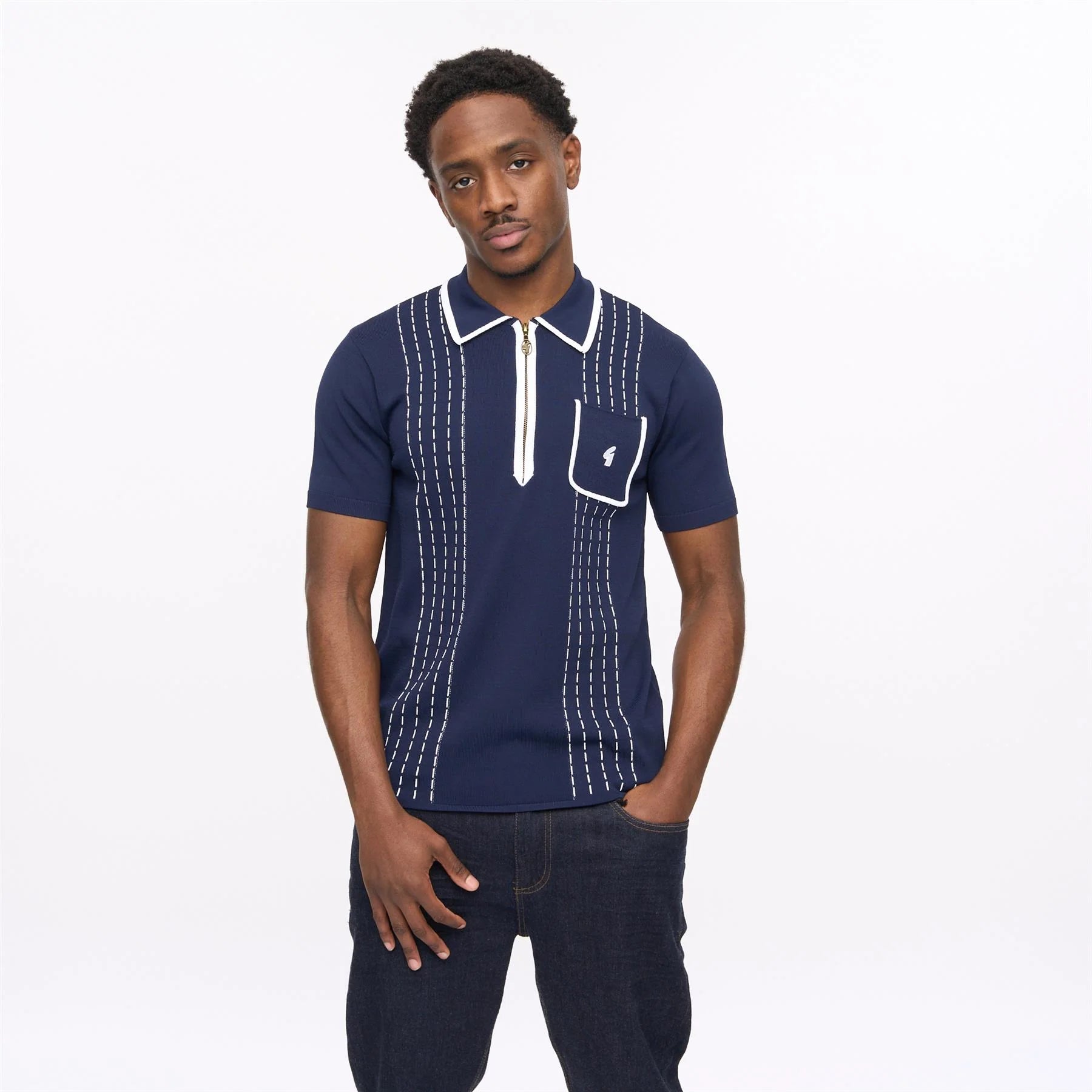 Clique Gabicci Vintage men's navy Darron archive short sleeve viscose knit polo shirt, close-up of fabric and collar details