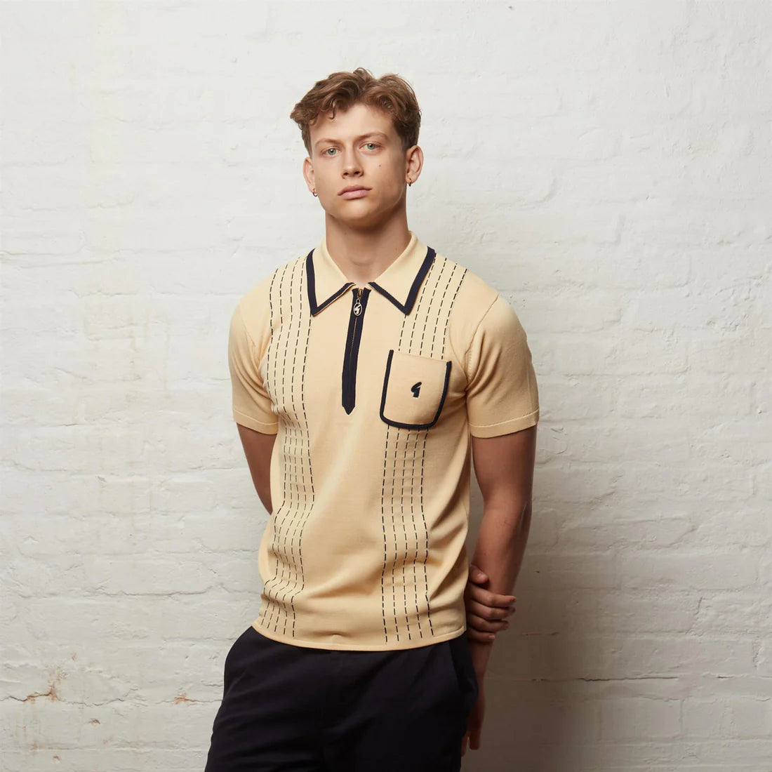 Clique Gabicci Vintage men's Darron archive short sleeve viscose knit polo shirt in vibrant lemon color, front view with collar and buttons.
