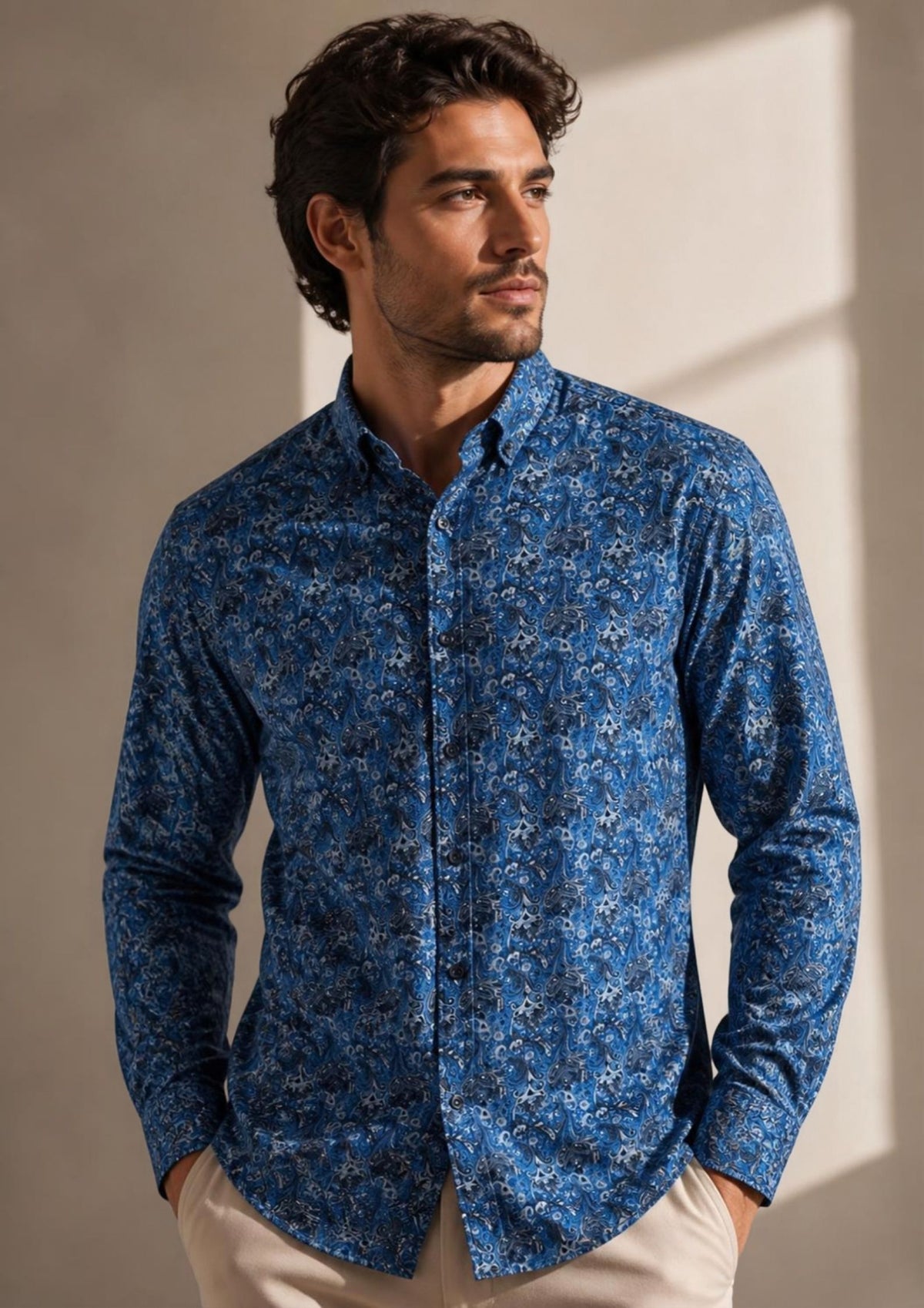 Wilson & Sloane | 100% Cotton Long Sleeve Vine Print Shirt — Teal