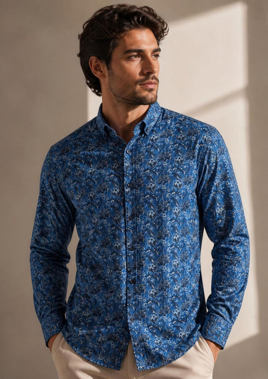 Wilson & Sloane | 100% Cotton Long Sleeve Vine Print Shirt — Teal