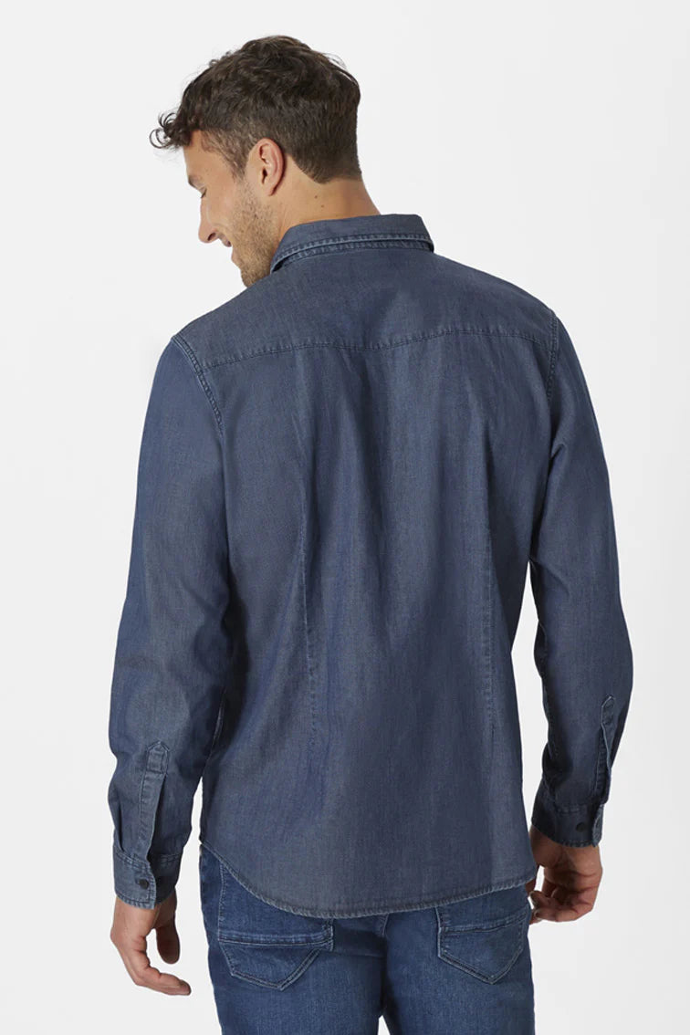 Paddock's Long sleeve pine stripe Denim shirt - dark stone | 0331867291000