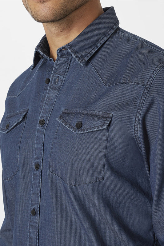 Paddock's Long sleeve pine stripe Denim shirt - dark stone | 0331867291000