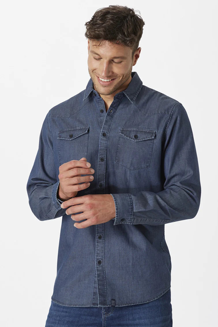 Paddock's Long sleeve pine stripe Denim shirt - dark stone | 0331867291000