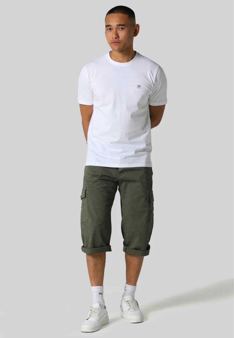 Clique 883POLICE Hykeham Cargo Shorts in khaki, showing front view with multiple pockets and casual fit.