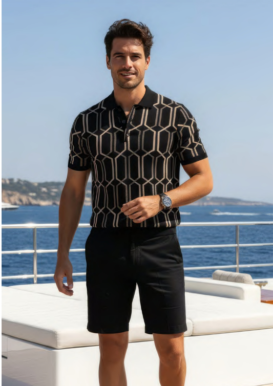 Arthur & Russell KN721 Short Sleeve Knit Polo | Black & Beige