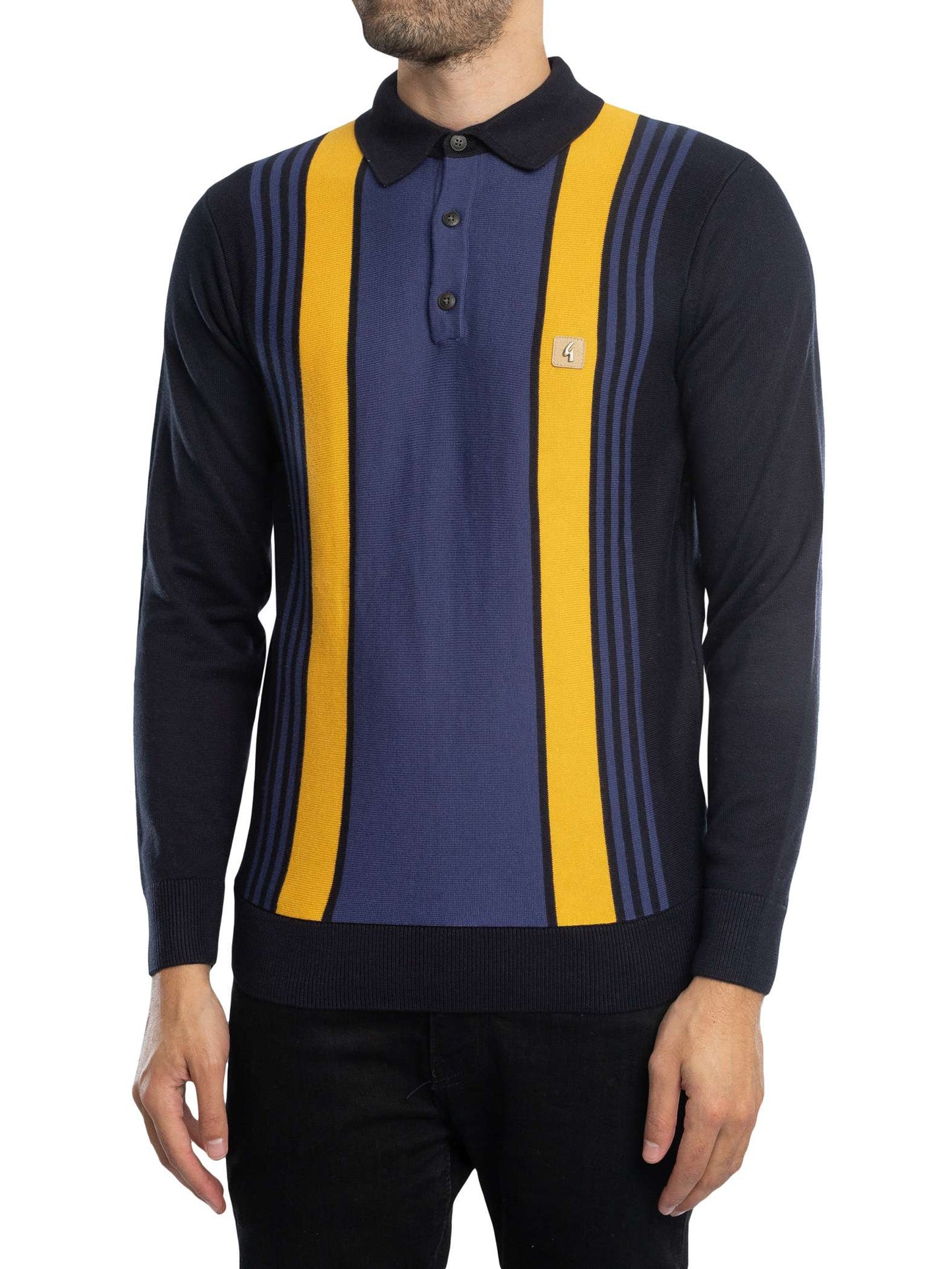 GABICCI Searle Knitted Vintage Polo Shirt | Navy / Yellow Stripes - V53GM00