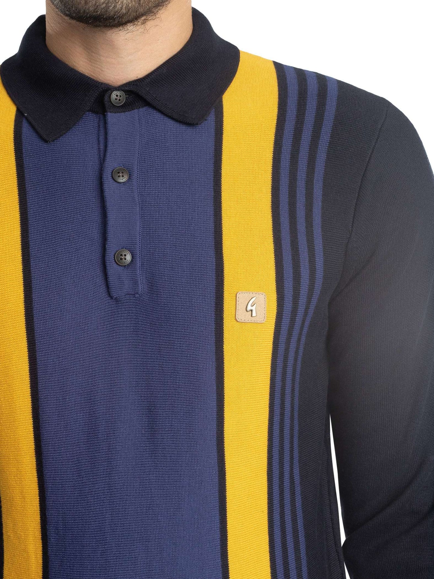 GABICCI Searle Knitted Vintage Polo Shirt | Navy / Yellow Stripes - V53GM00