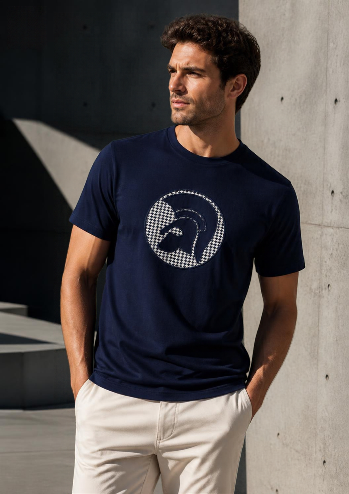 TROJAN | Applique Houndstooth Jacquard T-Shirt — Navy (TR/9138)