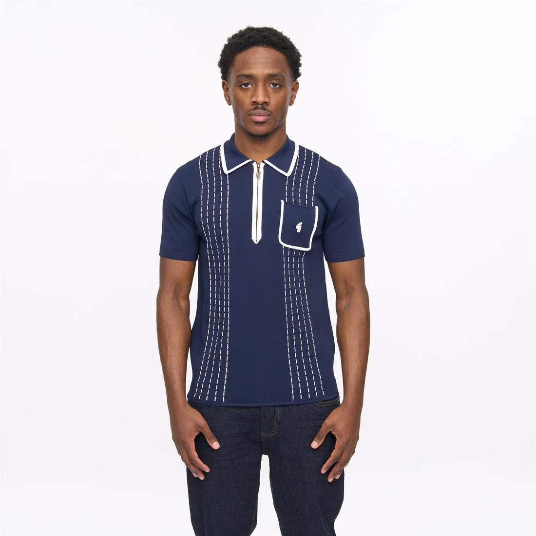 Clique Gabicci Vintage men's navy Darron archive short sleeve viscose knit polo shirt, casual and stylish.