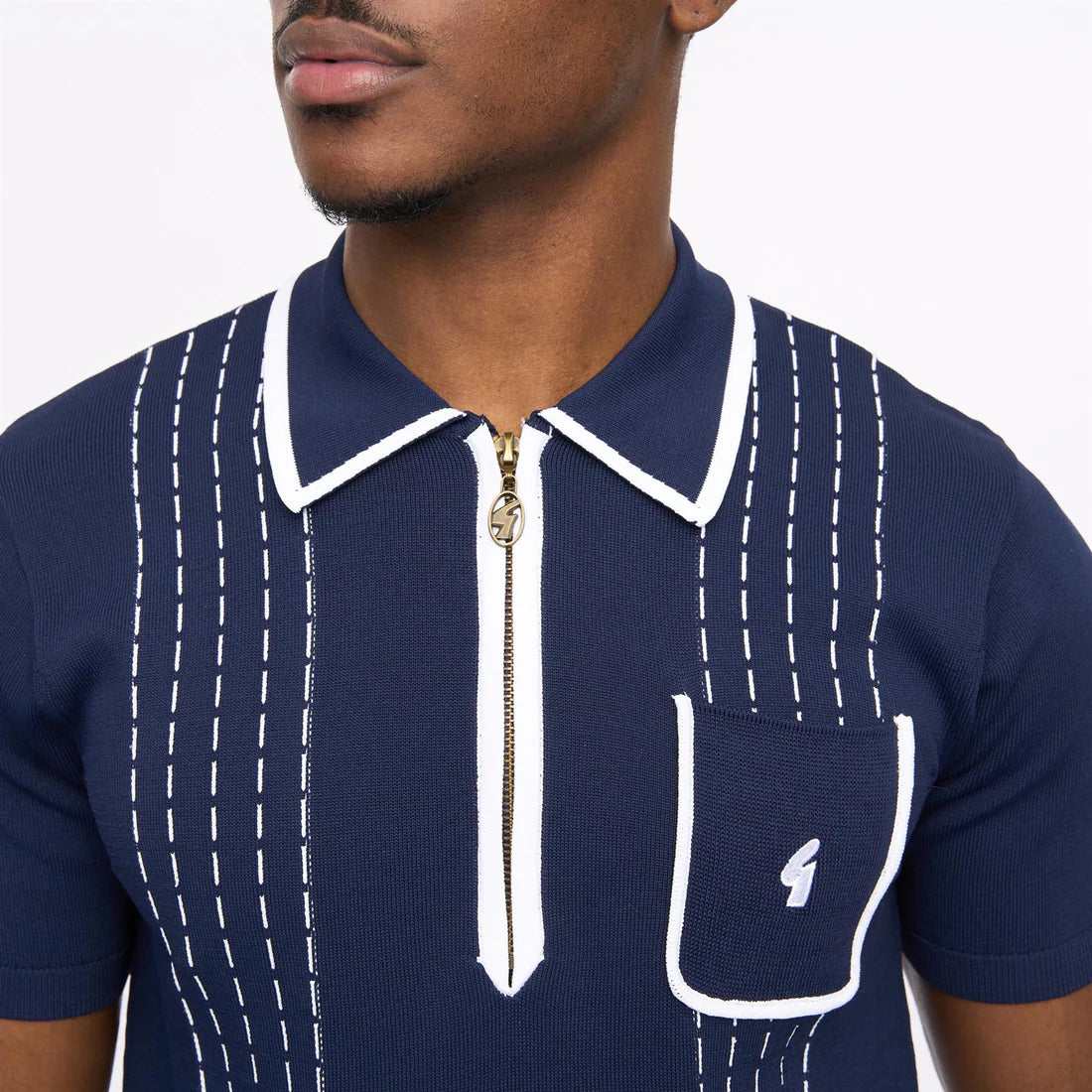 Clique Gabicci Vintage men's navy Darron archive short sleeve viscose polo shirt, stylish knit with collar and button closure.
