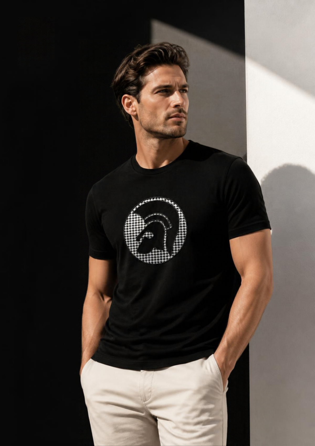 TROJAN | Applique Houndstooth Jacquard T-Shirt — Black (TR/9138)