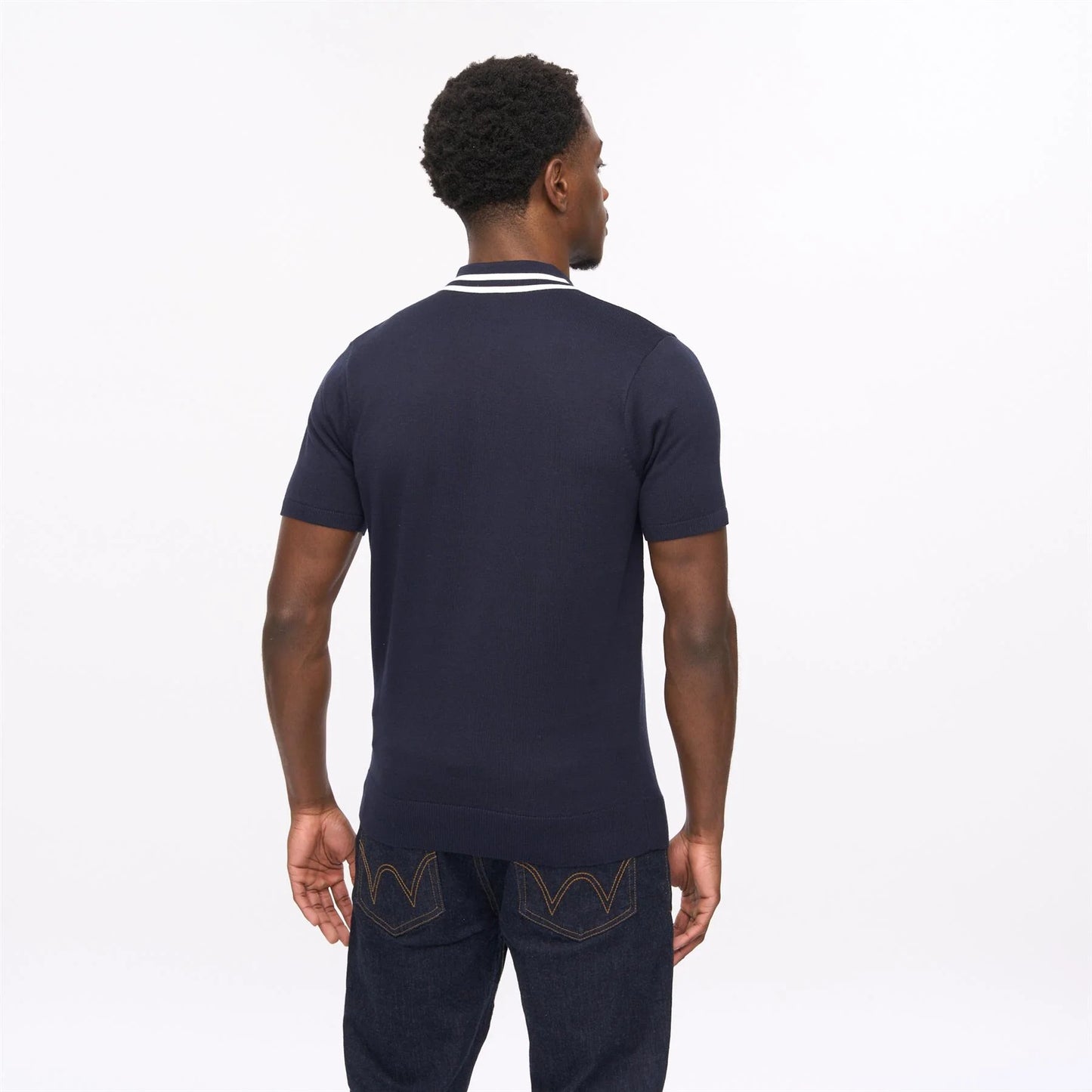 Navy Gabicci short sleeve zip neck knit polo shirt by Clique, featuring a collar and zip closure, displayed on a mannequin.