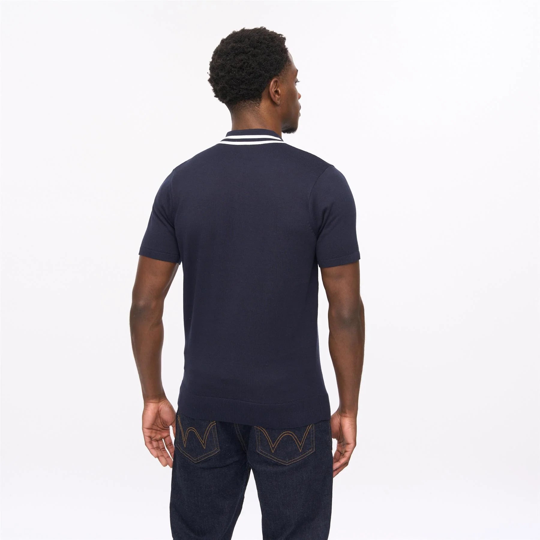 Navy Gabicci short sleeve zip neck knit polo shirt by Clique, featuring a collar and zip closure, displayed on a mannequin.