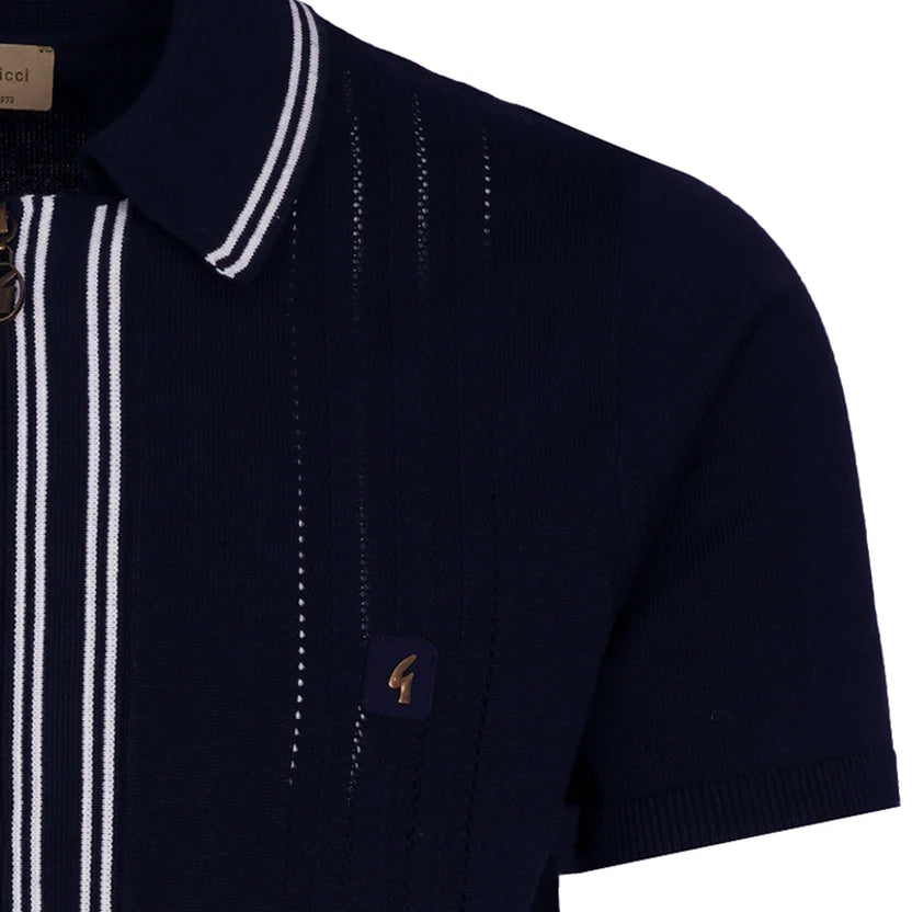 Navy Gabicci Geller short sleeve zip knit polo shirt by Clique, featuring a full zip front and classic collar detail.