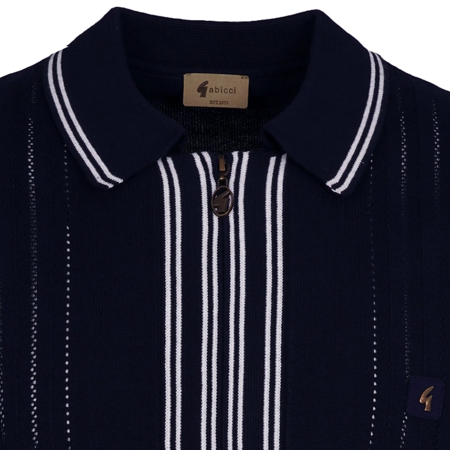 Navy Gabicci Geller short sleeve zip polo shirt by Clique, showing the full zip front and classic knit texture.