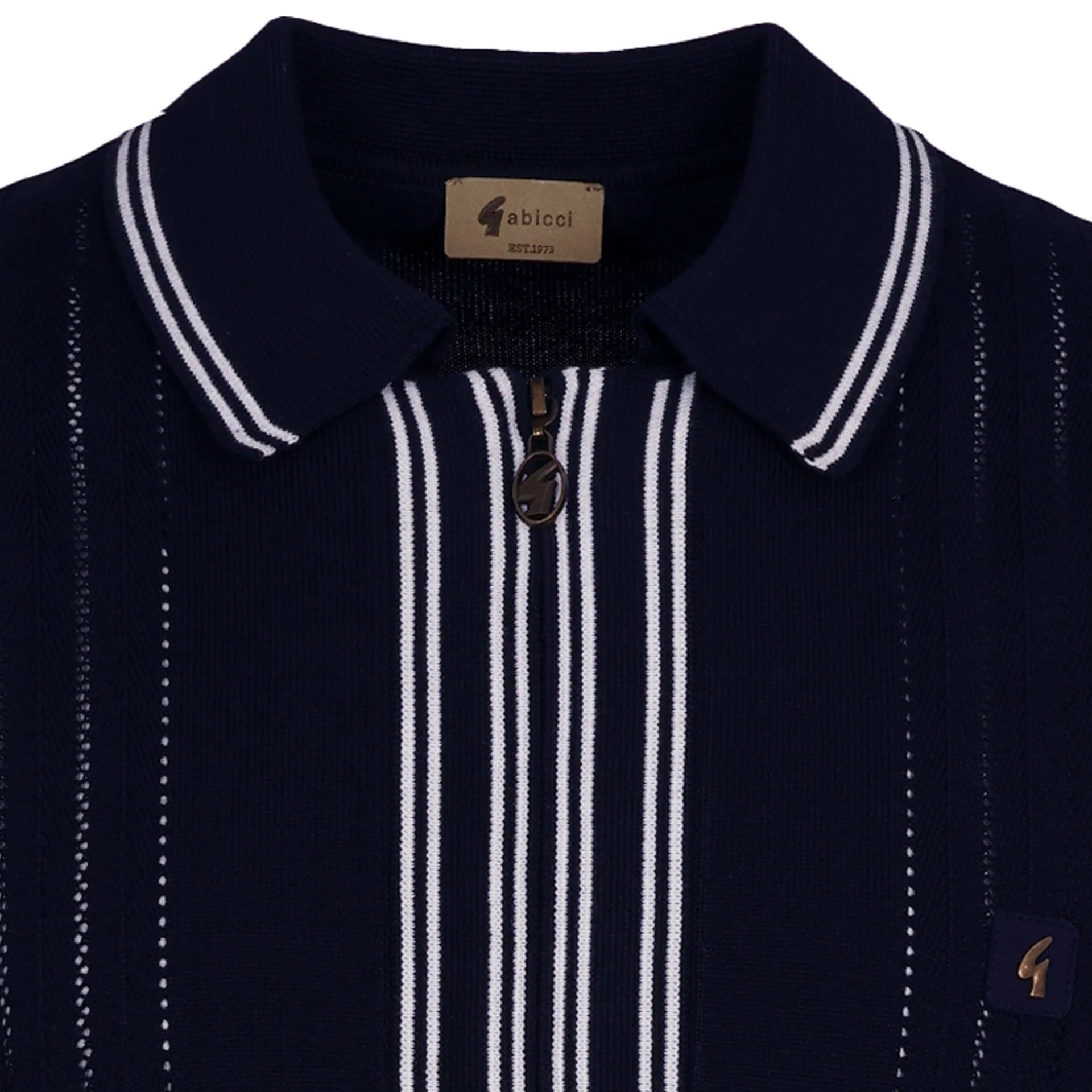 Navy Gabicci Geller short sleeve zip polo shirt by Clique, showing the full zip front and classic knit texture.