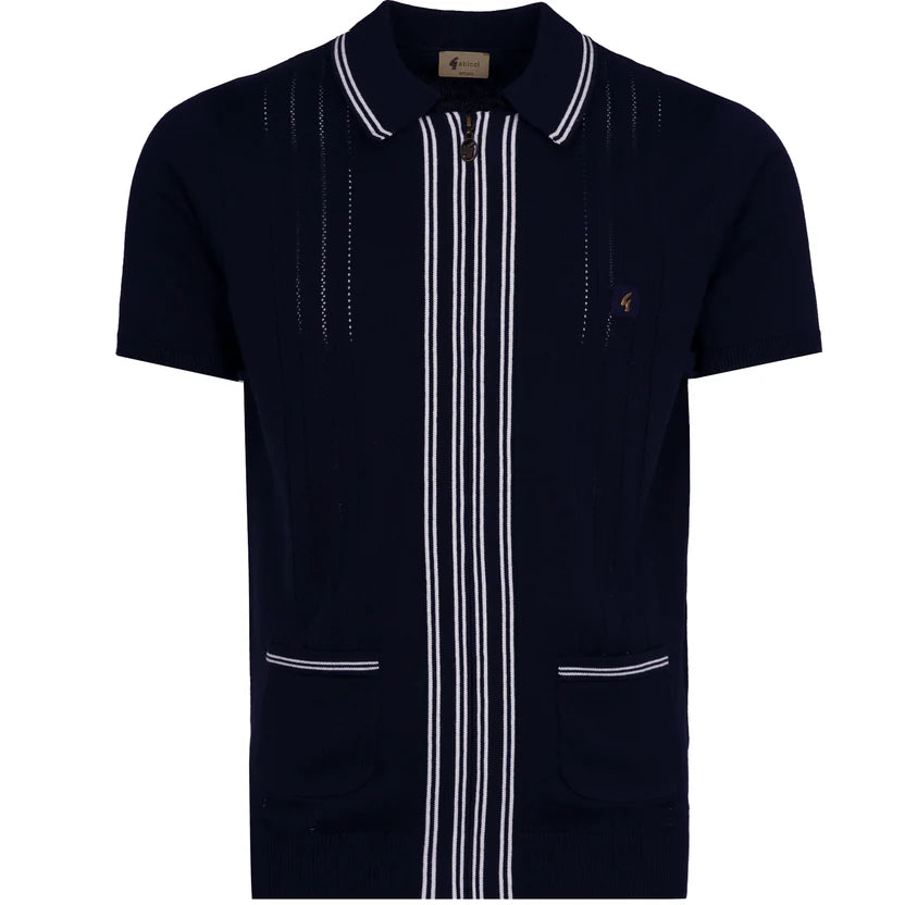 Navy Gabicci Geller short sleeve full zip knit polo shirt by Clique, displayed on a mannequin.