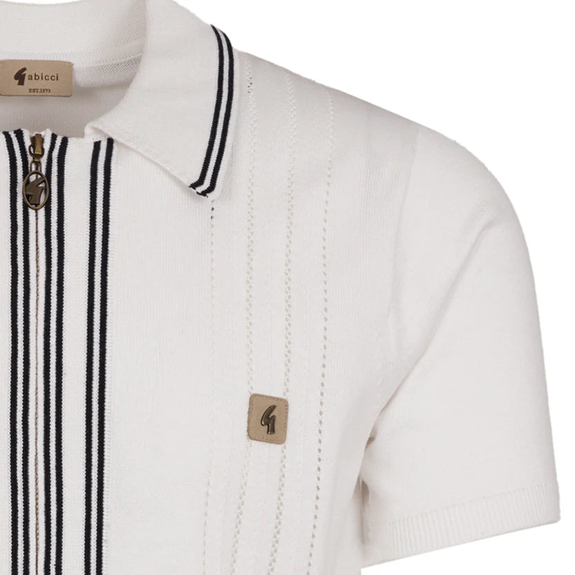 White Gabicci Geller short sleeve zip polo shirt by Clique, featuring a full zip collar and knit fabric.