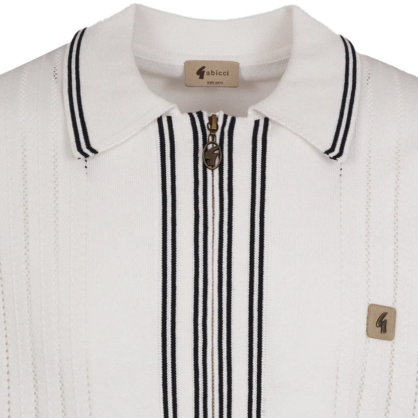 White Gabicci Geller short sleeve zip knit polo shirt by Clique, featuring a full zip front and classic collar.