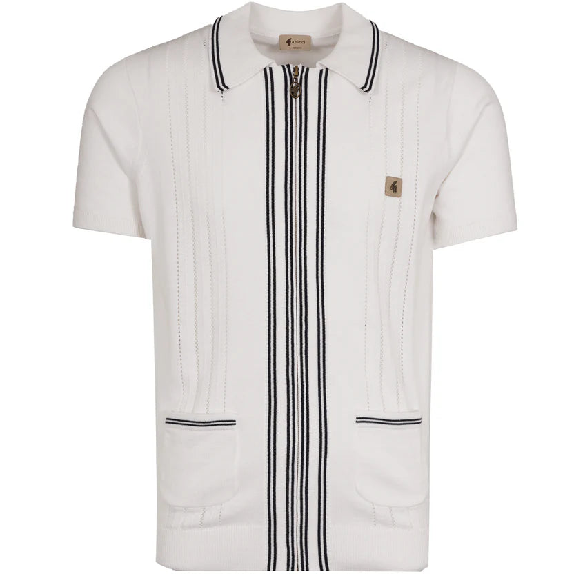 White Gabicci Geller short sleeve zip polo shirt by Clique, featuring a full zip front and classic knit texture.