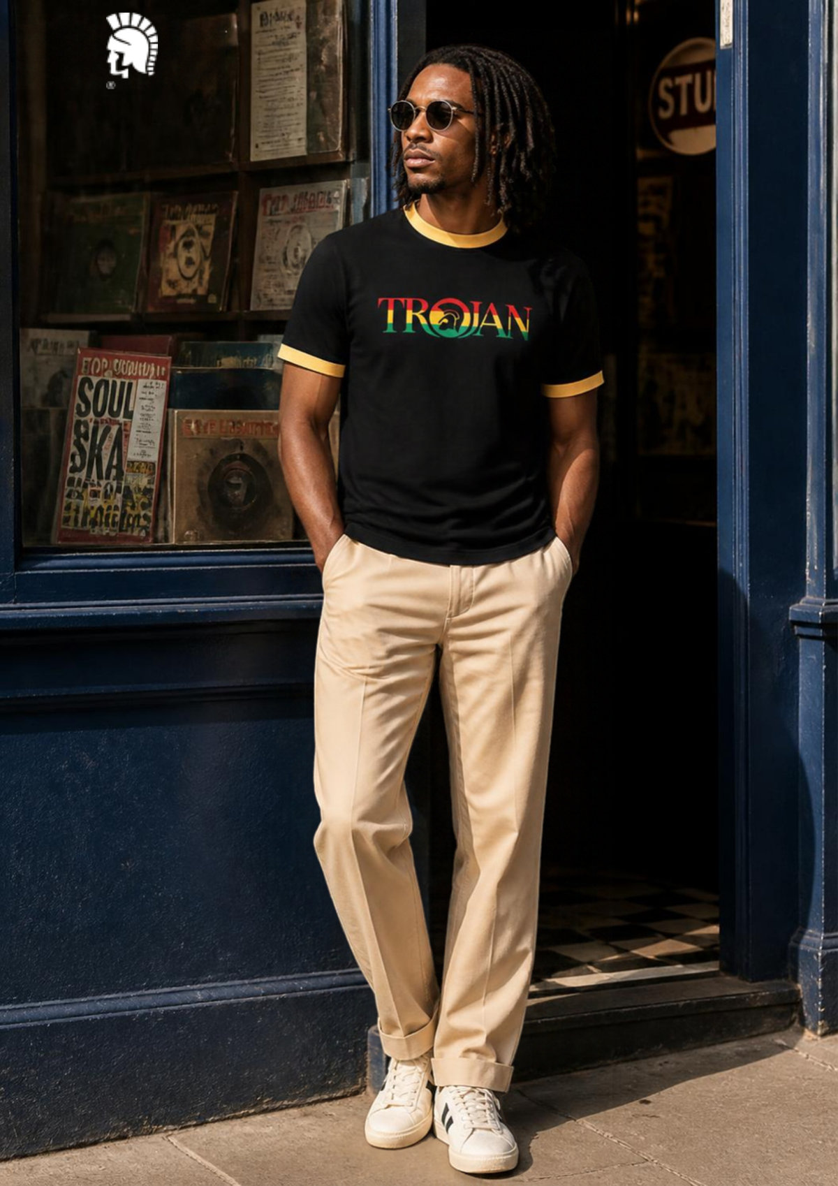 TROJAN Round Neck Logo T-Shirt / Rasta Black- TC-1014