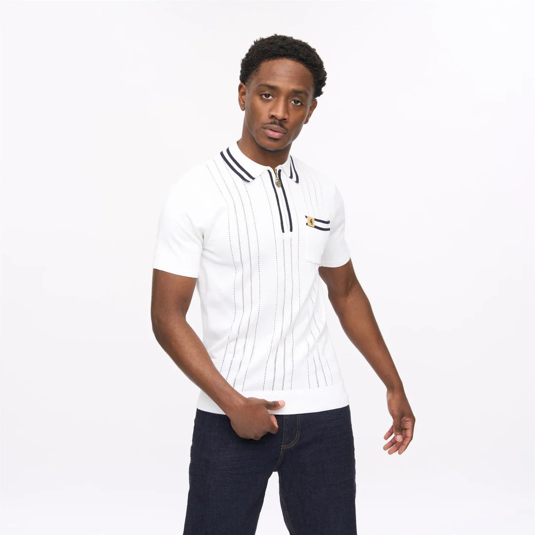 White Gabicci short sleeve zip neck knit polo shirt by Clique, featuring a collar and zip closure, displayed on a plain background.