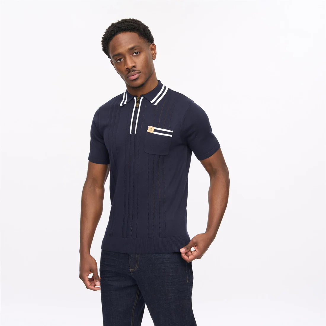 Navy Gabicci short sleeve zip neck knit polo shirt by Clique, featuring a classic collar and stylish design.